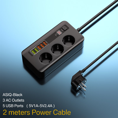 2500 W taimera ligzda Smart Power Strip Elektriskās kontaktligzdas pagarinājums ar slēdzi Mājas pārsprieguma aizsargs EU spraudnis 3 maiņstrāvas izeja 5 USB 2M