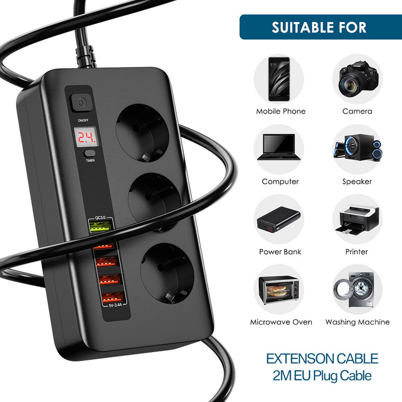 2500 W taimera ligzda Smart Power Strip Elektriskās kontaktligzdas pagarinājums ar slēdzi Mājas pārsprieguma aizsargs EU spraudnis 3 maiņstrāvas izeja 5 USB 2M
