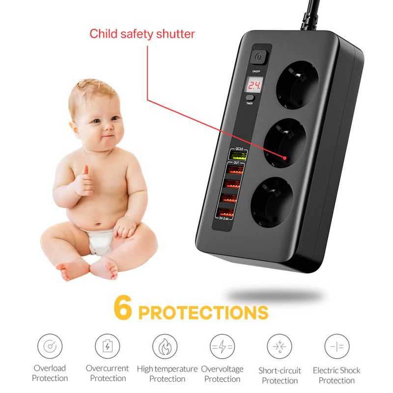 2500 W taimera ligzda Smart Power Strip Elektriskās kontaktligzdas pagarinājums ar slēdzi Mājas pārsprieguma aizsargs EU spraudnis 3 maiņstrāvas izeja 5 USB 2M