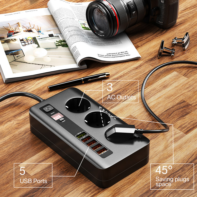 2500 W taimera ligzda Smart Power Strip Elektriskās kontaktligzdas pagarinājums ar slēdzi Mājas pārsprieguma aizsargs EU spraudnis 3 maiņstrāvas izeja 5 USB 2M