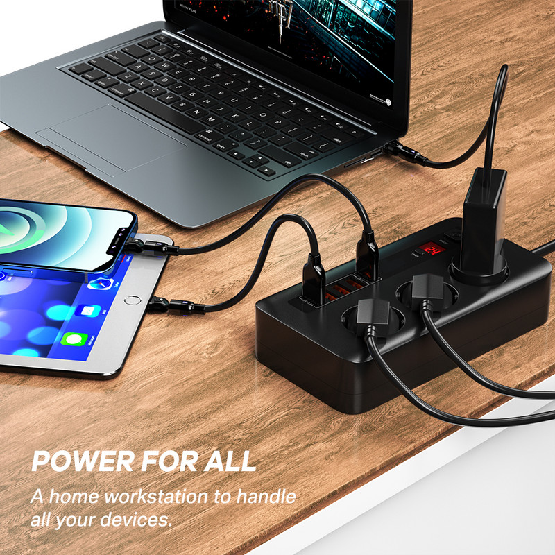 2500 W taimera ligzda Smart Power Strip Elektriskās kontaktligzdas pagarinājums ar slēdzi Mājas pārsprieguma aizsargs EU spraudnis 3 maiņstrāvas izeja 5 USB 2M