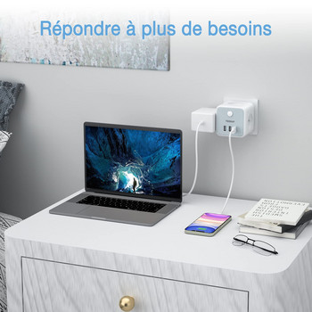 Πολύπριζο USB TESSAN, Πολύπριζο τοίχου 3 γαλλικές πρίζες 2500W και 3 θύρες USB, 6 σε 1 Πολύπριζο τοίχου με διακόπτη για το σπίτι