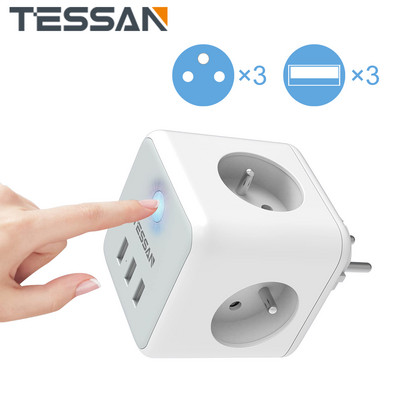TESSAN USB разклонител, стенен разклонител 3 френски контакта 2500W и 3 USB порта, стенен разклонител 6 в 1 с превключвател за дома
