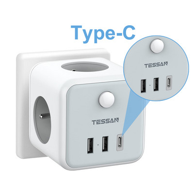 Πολύπριζο USB TESSAN, Πολύπριζο τοίχου 3 γαλλικές πρίζες 2500W και 3 θύρες USB, 6 σε 1 Πολύπριζο τοίχου με διακόπτη για το σπίτι