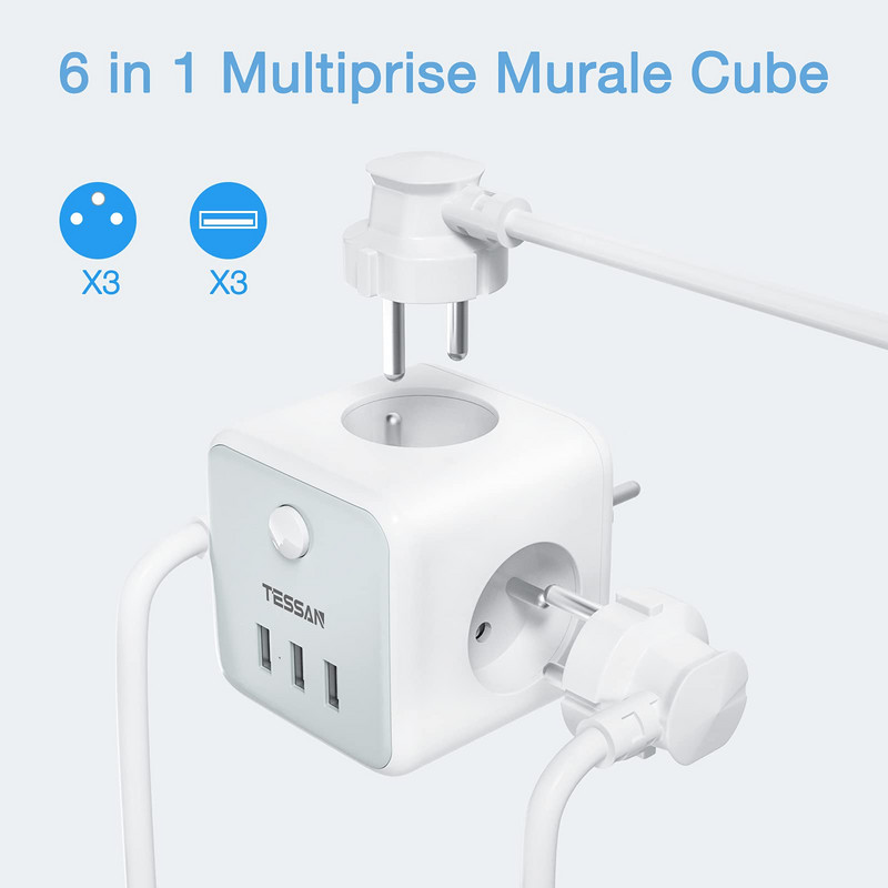 TESSAN USB barošanas sloksne, sienas barošanas sloksne 3 franču kontaktligzdas 2500 W un 3 USB porti, 6 vienā sienas barošanas bloks ar slēdzi mājām
