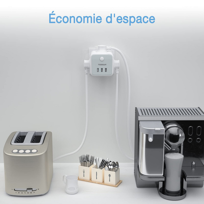 TESSAN USB barošanas sloksne, sienas barošanas sloksne 3 franču kontaktligzdas 2500 W un 3 USB porti, 6 vienā sienas barošanas bloks ar slēdzi mājām