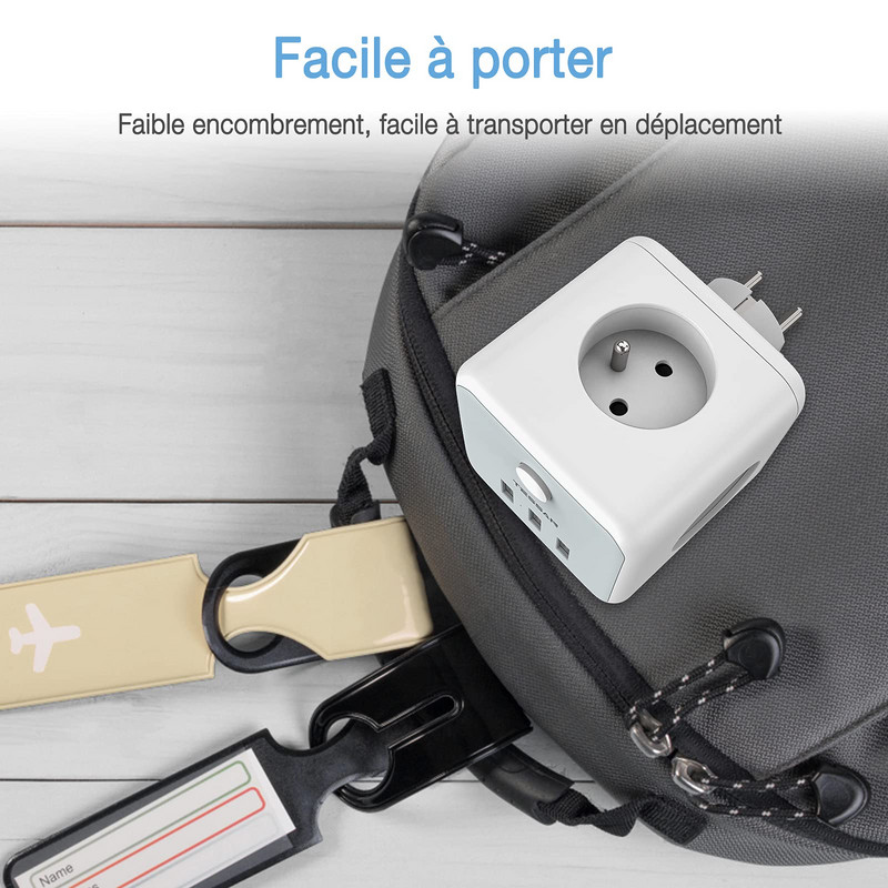 TESSAN USB barošanas sloksne, sienas barošanas sloksne 3 franču kontaktligzdas 2500 W un 3 USB porti, 6 vienā sienas barošanas bloks ar slēdzi mājām