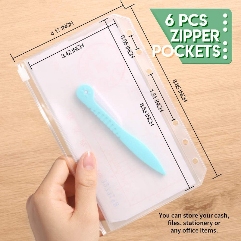 6 dalių A6 segtuvų kišenės su užtrauktuku Asmeninių rodyklės kišenės 6 žiedų segtuvų plastikinės kišenės su užtrauktuku / 6 žiedų nešiojamojo kompiuterio maišelis