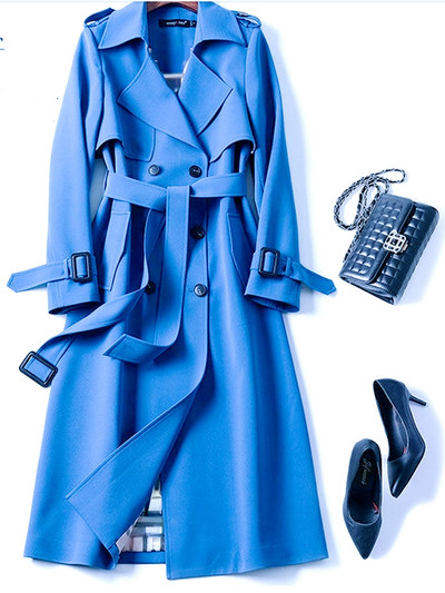 Naiste pikk mantel Uus ühevärviline ülikond, pits-kaelus, kaherealine mantel naistele Mood vaba aeg Elegantsed mantlid Joped