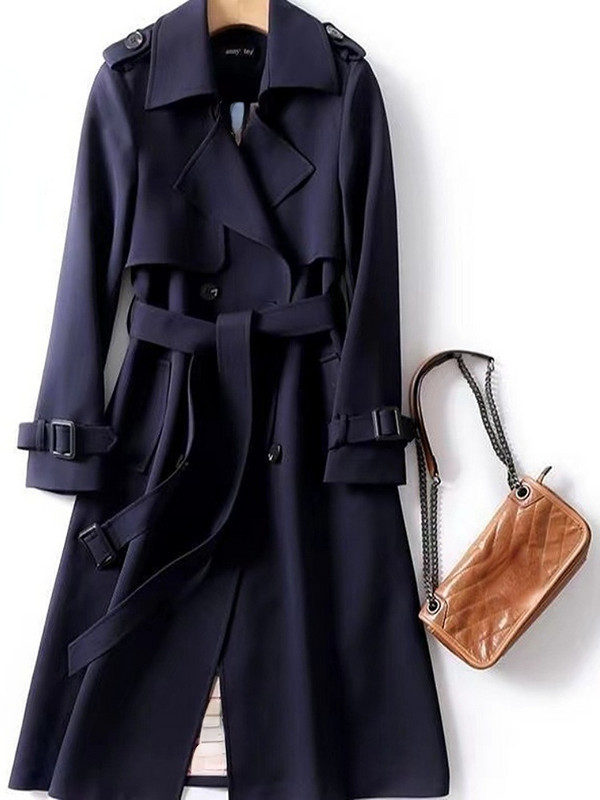 Naiste pikk mantel Uus ühevärviline ülikond, pits-kaelus, kaherealine mantel naistele Mood vaba aeg Elegantsed mantlid Joped