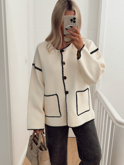 Нови дамски якета с пачуърк с обло деколте и дълъг ръкав Едноредни якета с джоб 2023 Есенна мода Дамско улично облекло Outwears