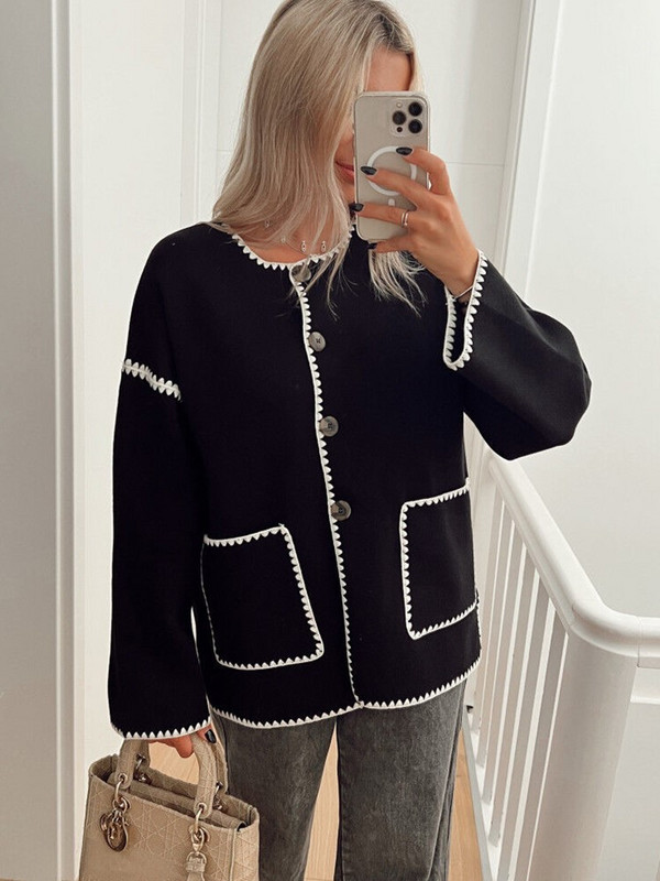 Нови дамски якета с пачуърк с обло деколте и дълъг ръкав Едноредни якета с джоб 2023 Есенна мода Дамско улично облекло Outwears