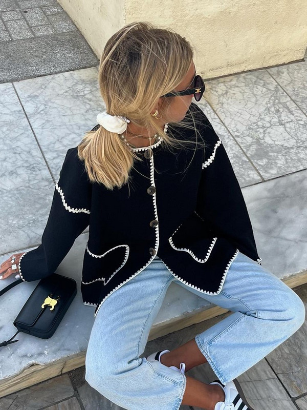 Нови дамски якета с пачуърк с обло деколте и дълъг ръкав Едноредни якета с джоб 2023 Есенна мода Дамско улично облекло Outwears