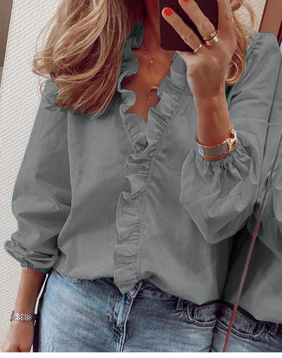 Valge pluus, naiste šifoonist volangid, lahtised naiste topid ja pluusid, vabaaja V-kaelusega laternavarrukas, suures suuruses särgid tuunika