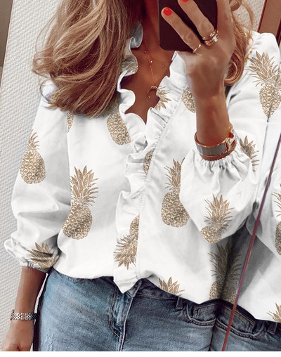 Valge pluus, naiste šifoonist volangid, lahtised naiste topid ja pluusid, vabaaja V-kaelusega laternavarrukas, suures suuruses särgid tuunika