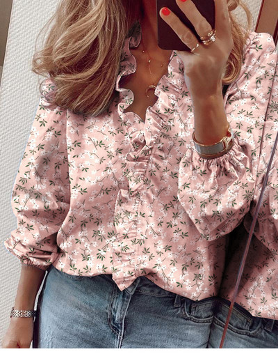 Valge pluus, naiste šifoonist volangid, lahtised naiste topid ja pluusid, vabaaja V-kaelusega laternavarrukas, suures suuruses särgid tuunika