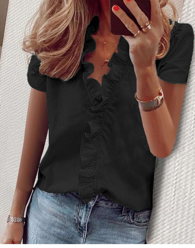 Valge pluus, naiste šifoonist volangid, lahtised naiste topid ja pluusid, vabaaja V-kaelusega laternavarrukas, suures suuruses särgid tuunika