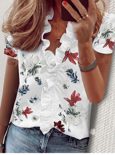 Valge pluus, naiste šifoonist volangid, lahtised naiste topid ja pluusid, vabaaja V-kaelusega laternavarrukas, suures suuruses särgid tuunika