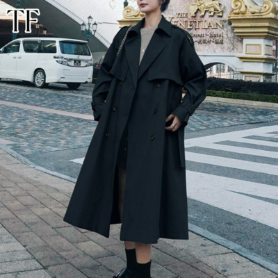 Trenci de toamnă Trench lung kaki cu un singur piept pentru femei Jachete largi ocazional Pardesiu clasic cu rever Curea Streetwear