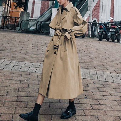 Есенен тренчкот Едноредов дълъг тренчкот в цвят каки за жени Ежедневни широки якета Класическо палто с ревер Колан Улично облекло