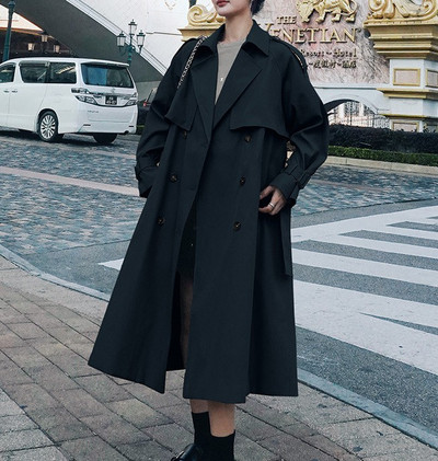 Есенен тренчкот Едноредов дълъг тренчкот в цвят каки за жени Ежедневни широки якета Класическо палто с ревер Колан Улично облекло