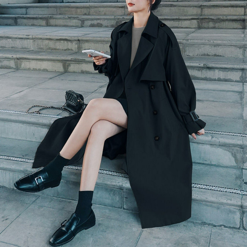 Есенен тренчкот Едноредов дълъг тренчкот в цвят каки за жени Ежедневни широки якета Класическо палто с ревер Колан Улично облекло