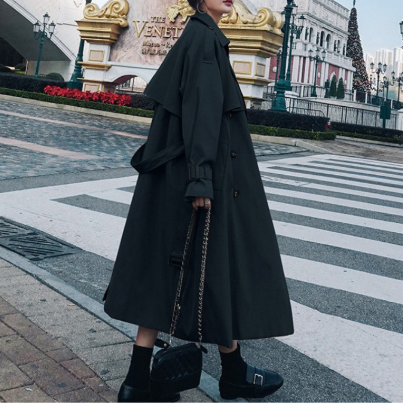 Есенен тренчкот Едноредов дълъг тренчкот в цвят каки за жени Ежедневни широки якета Класическо палто с ревер Колан Улично облекло