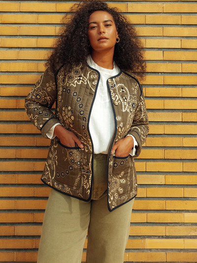 Retro Patchwork Print Naiste puuvillane mantel, tasku pikkade varrukatega, üherealine O-kaelusega naiste jope, sügistalv, soojad naiste mantlid