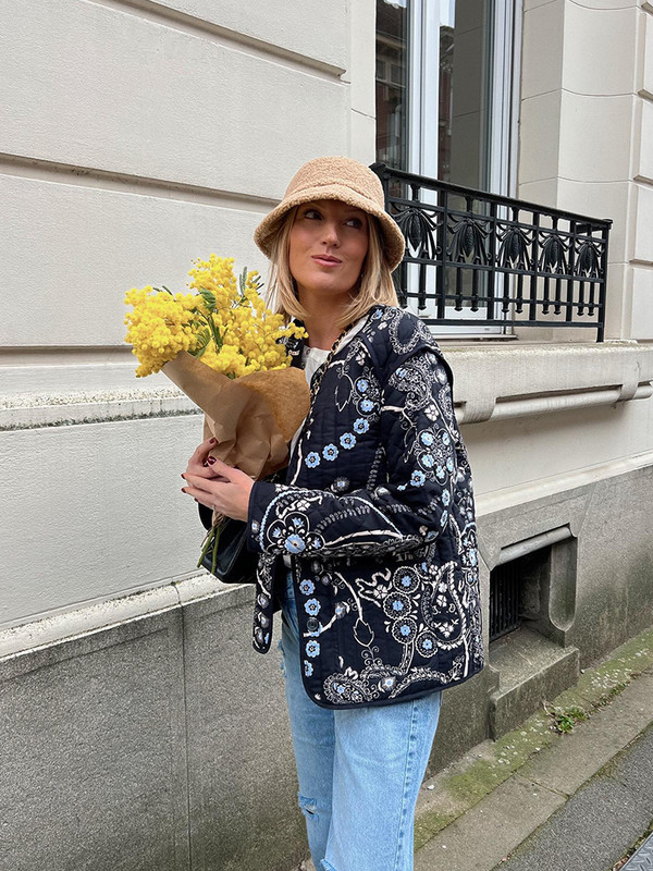 Retro Patchwork Print Naiste puuvillane mantel, tasku pikkade varrukatega, üherealine O-kaelusega naiste jope, sügistalv, soojad naiste mantlid