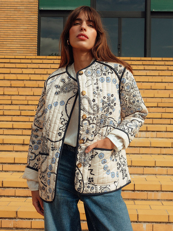 Retro Patchwork Print Naiste puuvillane mantel, tasku pikkade varrukatega, üherealine O-kaelusega naiste jope, sügistalv, soojad naiste mantlid