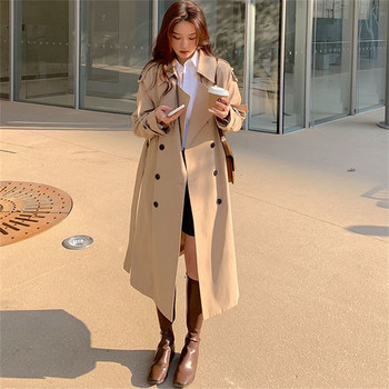 Streetwear Loose Trench Coat Midi Μόδα Κορεάτικη Κομψή Χακί Μαύρο Γυναικείο Ανεμοδράστη Παλτό Casual Διπλό Μπλουζάκι