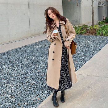 Streetwear Loose Trench Coat Midi Μόδα Κορεάτικη Κομψή Χακί Μαύρο Γυναικείο Ανεμοδράστη Παλτό Casual Διπλό Μπλουζάκι