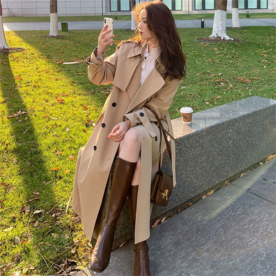 Ielu apģērbs brīvs Trench Coat Midi Garuma Modes Korejiešu Elegants Khaki Melns Sieviešu vējjaka Mētelis Ikdienišķas Topi ar dubultām krūtīm