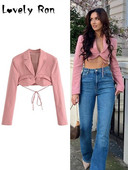 Модно розово изрязано дамско яке за пролет Y2k Блейзър палта с дълъг ръкав Дамско висококачествено яке с връзки Секси късо яке