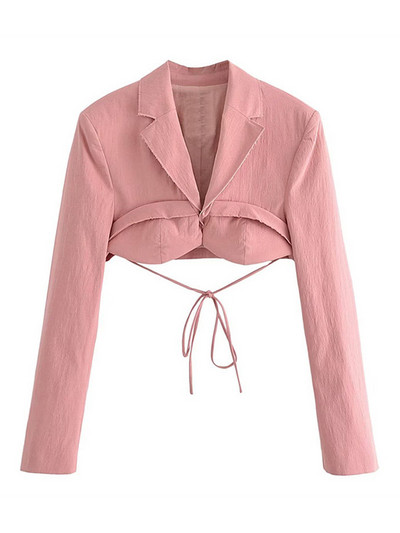 Модно розово изрязано дамско яке за пролет Y2k Блейзър палта с дълъг ръкав Дамско висококачествено яке с връзки Секси късо яке