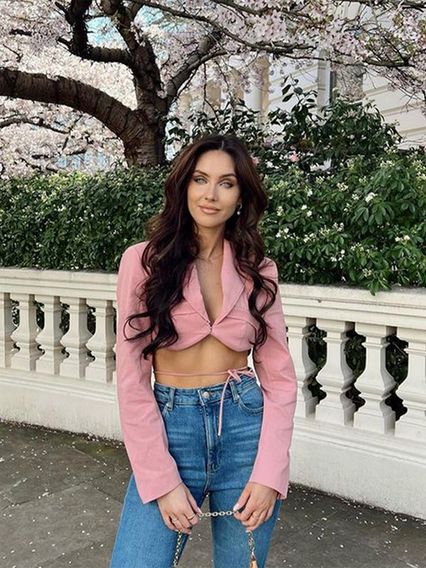 Модно розово изрязано дамско яке за пролет Y2k Блейзър палта с дълъг ръкав Дамско висококачествено яке с връзки Секси късо яке