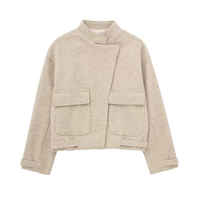 Vunena jakna Ženska jesen 2023. Elegantni ženski kaput dugih rukava s dugmadima Normcore Ženska gornja odjeća sa samostojećim ovratnikom