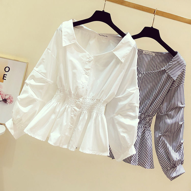 Elegantne õlgadeta topp pikkade varrukatega tuunikapluusid, naiste nööbiga üles tõstetud valge särk, vabaaja krae