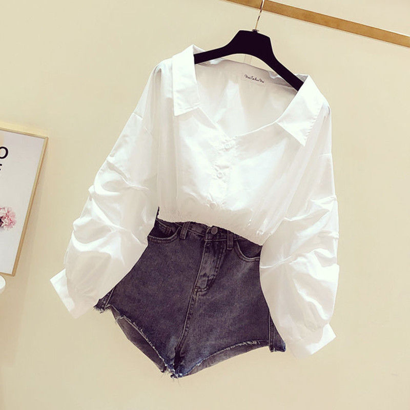 Elegantne õlgadeta topp pikkade varrukatega tuunikapluusid, naiste nööbiga üles tõstetud valge särk, vabaaja krae