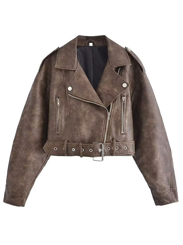 Modna kožna jakna Ženske s remenom Vintage gradijent spuštenim ovratnikom Kratki kaputi Ženske motociklističke gotičke trkaće jakne