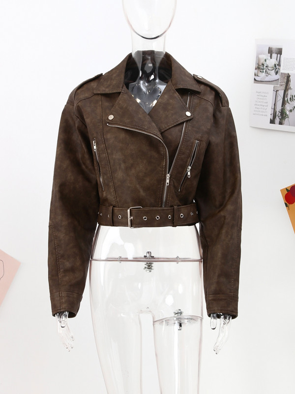 Modna kožna jakna Ženske s remenom Vintage gradijent spuštenim ovratnikom Kratki kaputi Ženske motociklističke gotičke trkaće jakne