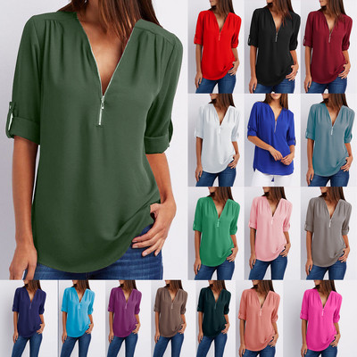 Ljeto Jesen Ležerna bluza od šifona s V-izrezom Ženska majica Top Camisa Feminina dugih rukava Crno-bijela ženska bluza Košulja