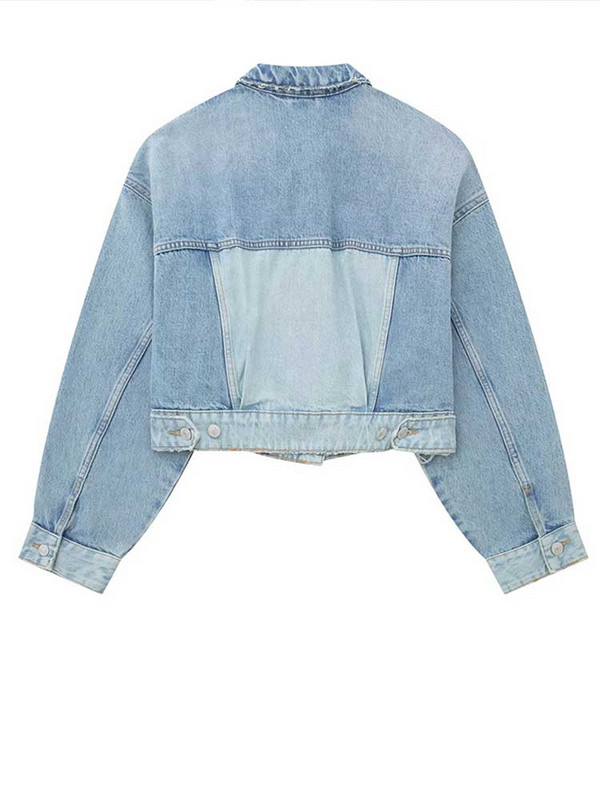 Модни пачуърк дънкови изрязани якета Дамски Y2k Chic къси палта с джоб Дамско състезателно бомбено яке High Street Cowboy Outwear