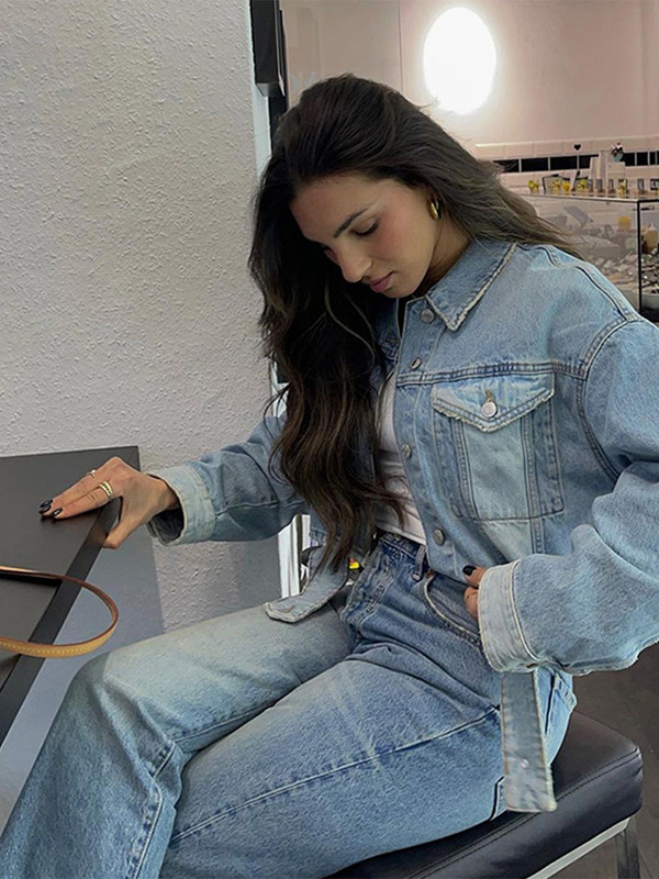 Модни пачуърк дънкови изрязани якета Дамски Y2k Chic къси палта с джоб Дамско състезателно бомбено яке High Street Cowboy Outwear