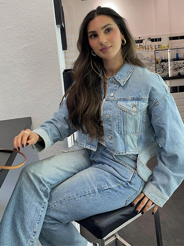 Модни пачуърк дънкови изрязани якета Дамски Y2k Chic къси палта с джоб Дамско състезателно бомбено яке High Street Cowboy Outwear