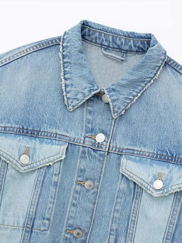 Модни пачуърк дънкови изрязани якета Дамски Y2k Chic къси палта с джоб Дамско състезателно бомбено яке High Street Cowboy Outwear