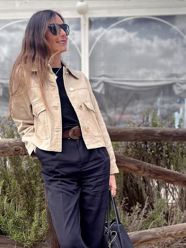 Дамско яке Normcore 2023 Есенно дамско палто с дълги ръкави и джоб с дълги ръкави Едноцветно дамско минималистично връхно облекло