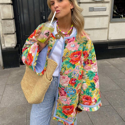 Moodne roosi, lilledega trükitud jope, naine 2023, sügise varrukatega šikk mantlid, naiste High Street, üherealised lillelised ülerõivad