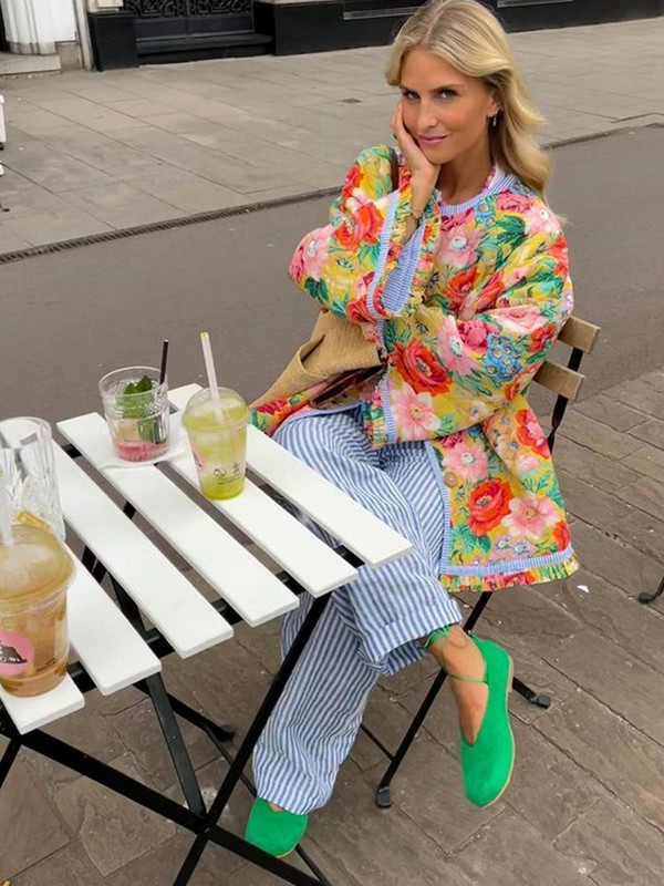 Moodne roosi, lilledega trükitud jope, naine 2023, sügise varrukatega šikk mantlid, naiste High Street, üherealised lillelised ülerõivad