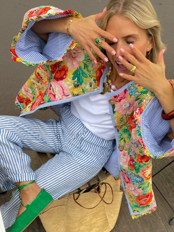 Moodne roosi, lilledega trükitud jope, naine 2023, sügise varrukatega šikk mantlid, naiste High Street, üherealised lillelised ülerõivad